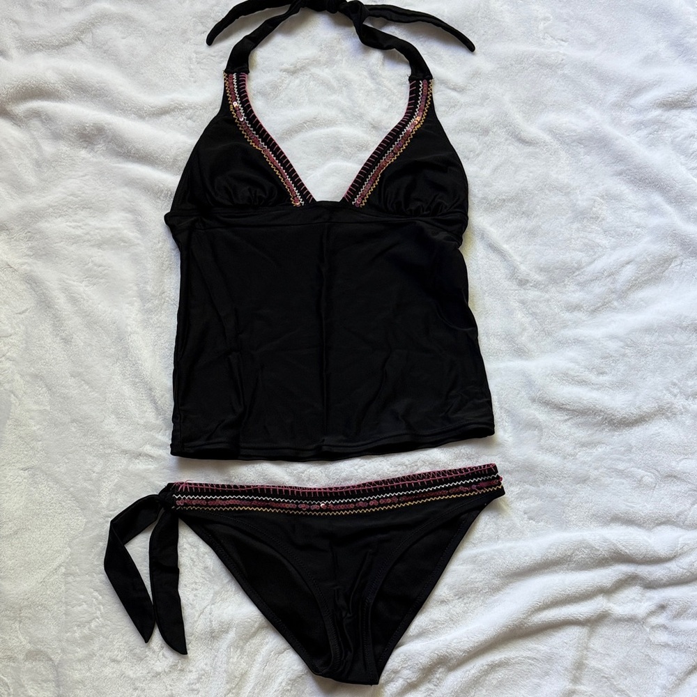 SOAKED Black Halter Tankini Bikini Set with Pink Trim and sequins